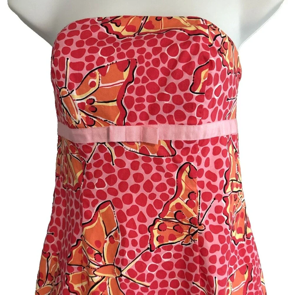 Lilly Pulitzer Strapless Dress Womens Sz 0 Y2K Mod Pink Orange Butterfly Print - Picture 3 of 14